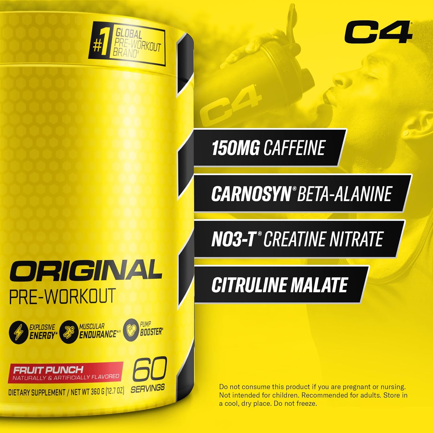 C4 Original Pre Workout Powder Fruit Punch - Vitamin C for Immune Support - Sugar Free Preworkout Energy for Men & Women - 150mg Caffeine + Beta Alanine + Creatine - 60 Servings Fruit Punch 12.7 Ounce (Pack of 1)
